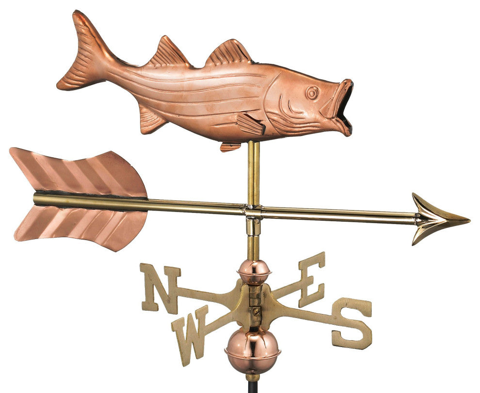 Bass With Arrow Cottage Weathervane, Pure Copper With Roof Mount