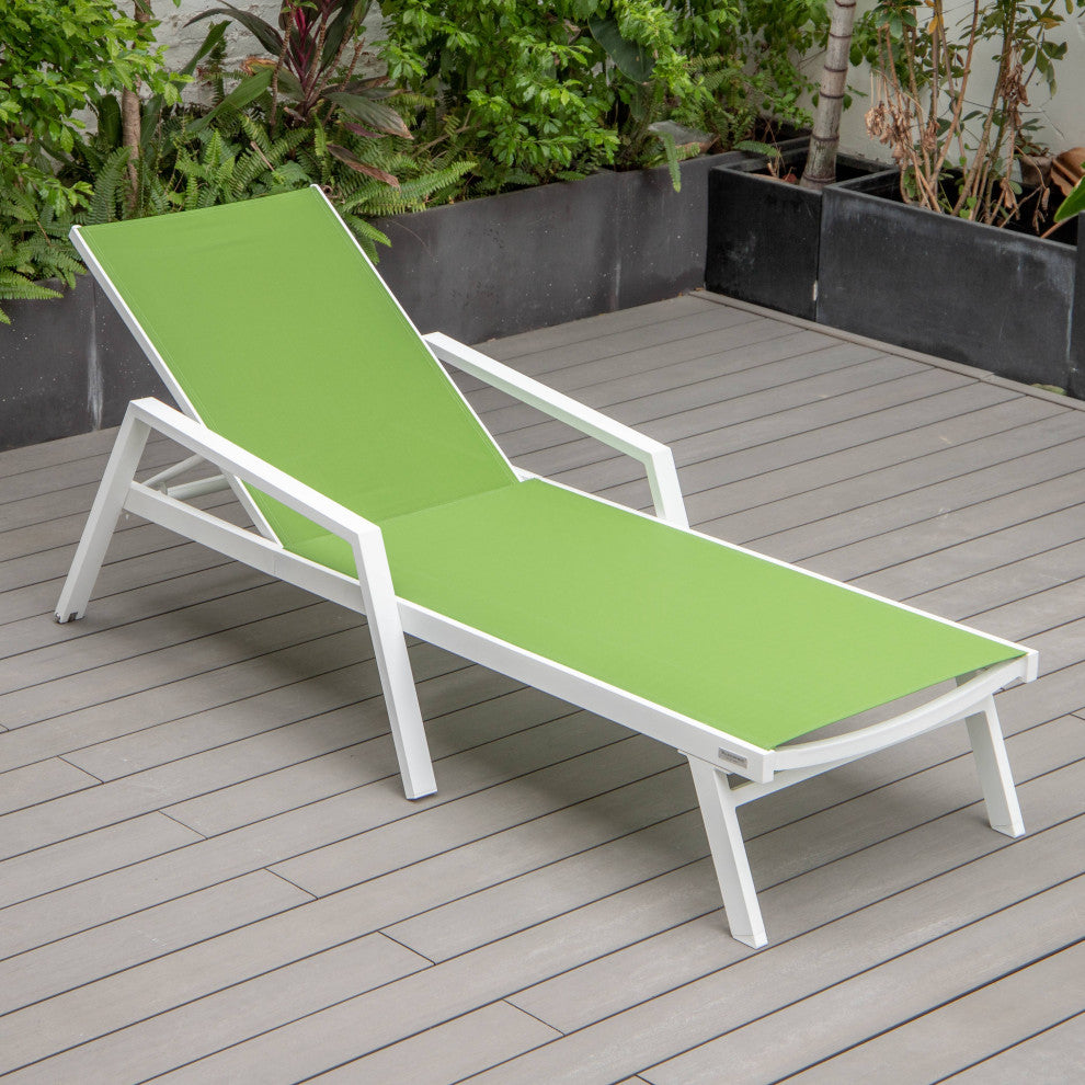LeisureMod Marlin Patio Chaise Lounge Chair With Arms White Frame, Green