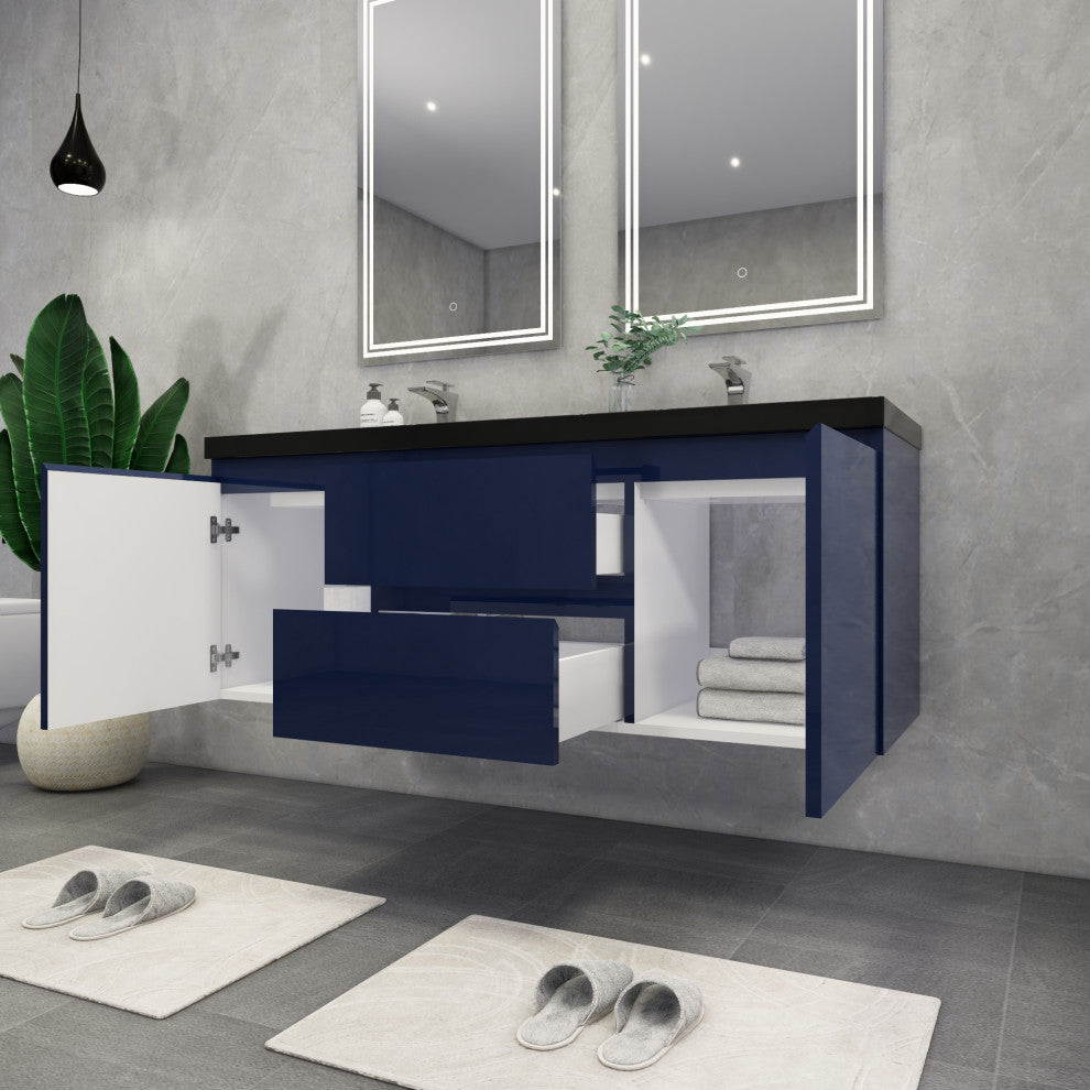 Belli 60" Double Sink Wall Mount Vanity Set, High Gloss Blue, Matt Black Top