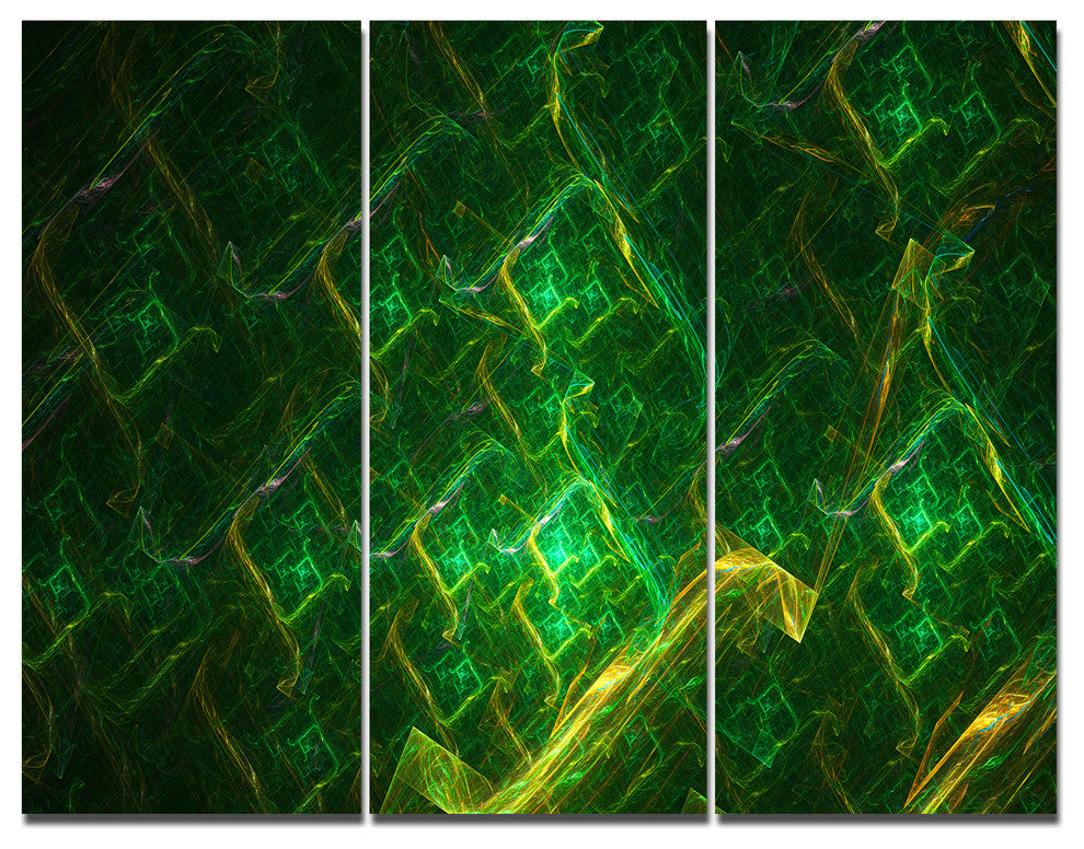 Green Fractal Electric Lightning, Abstract Art on Canvas, 36x28, 3 Panels