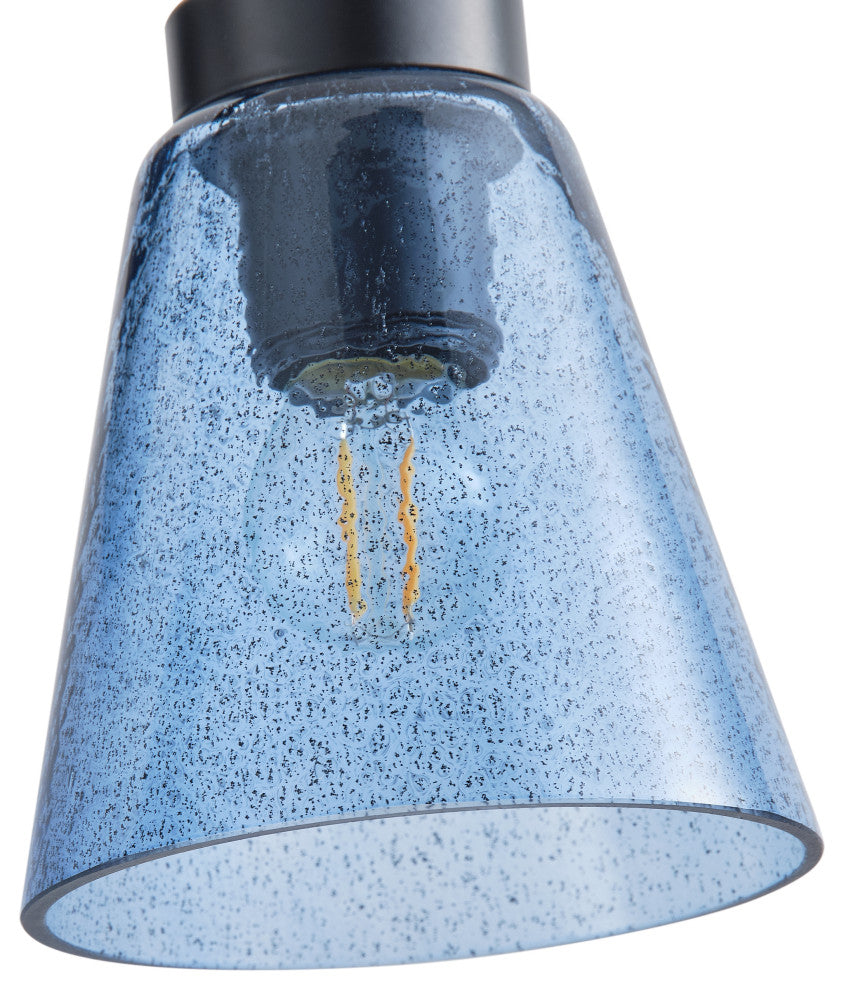 Modern Black 2-Light Wall Light with Blue Seeded Glass Shade