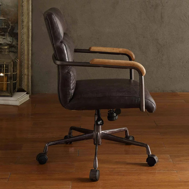 Midcentury Office Chair, Top Grain Leather Seat With Channel Back, Antique Ebony