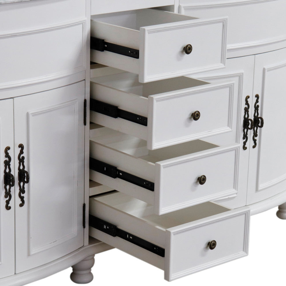 62" Double Sink Vanity Antique White Finish, White Marble Top