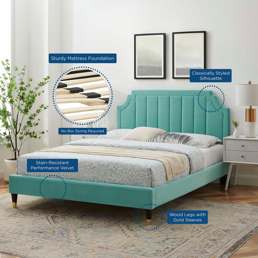 Platform Bed Frame, King Size, Velvet, Blue, Modern Contemporary, Bedroom Master