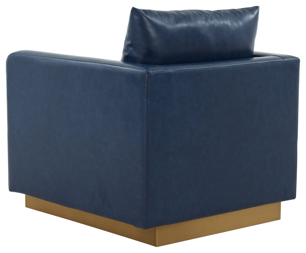 LeisureMod NS32BU-L Nervo Navy Blue Leather Accent Armchair With Gold Frame