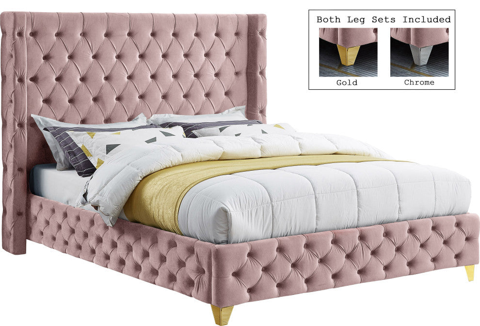 Savan Velvet Upholstered Bed, Pink, Full