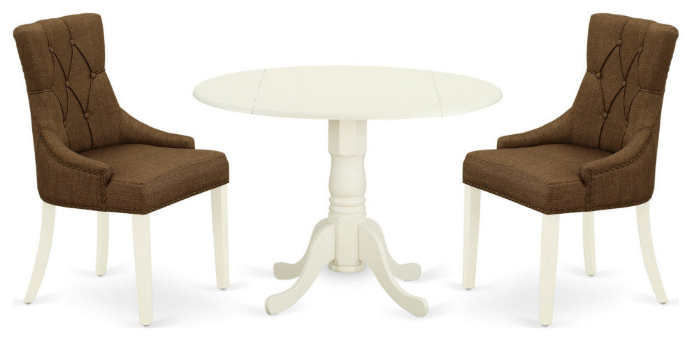 3Pc Dinette Set, Small Rounded Table, Drop Leaves, Two Chairs, White