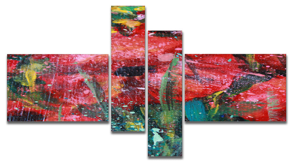Red Poppies Acrylic Drawing, Extra Large Floral Wall Art, 60"x32", 4 panels