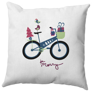 Multi Colored Merry Bird Bike Christmas Polyester Throw Pillow, 26"x26"