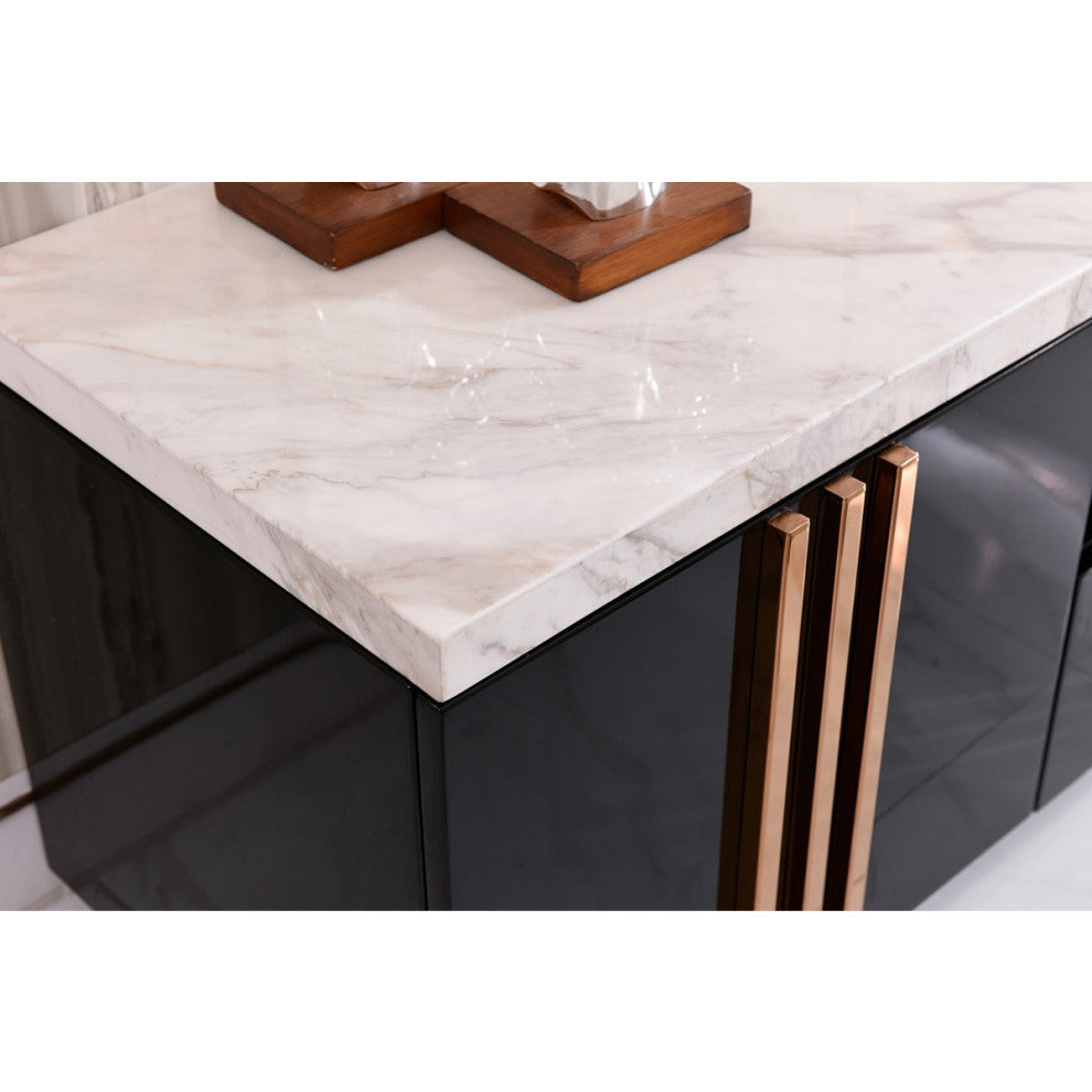 Empire TV Stand, White Marble Media Cabinet, 95" Rosegold Black TV Storage