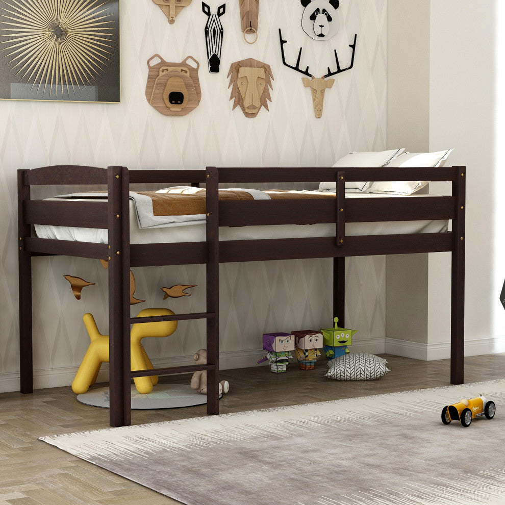 Gewnee Wood Twin Low Loft Bed with Ladder in Espresso