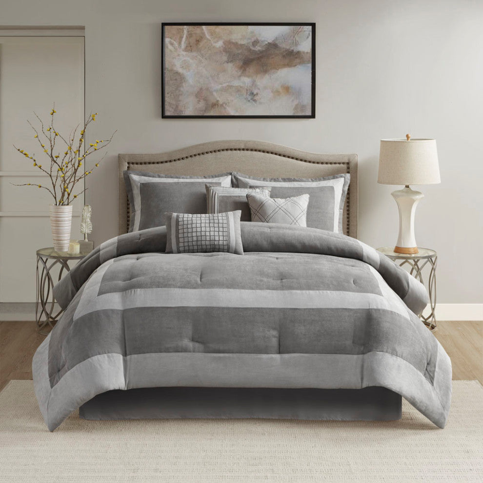 Madison Park Dax Microsuede Colorblock 7-Piece Comforter Set, Grey, King