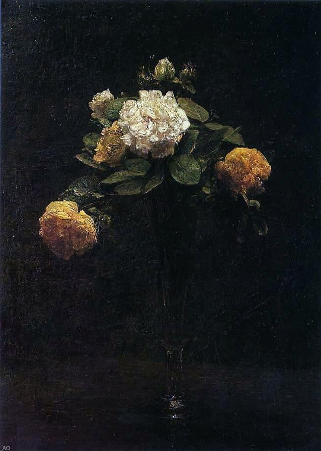 Henri Fantin-Latour White and Yellow Roses in a Tall Vase Wall Decal