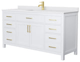 Beckett 66" White Single Vanity, White Cultured Marble Top, Gold Trim