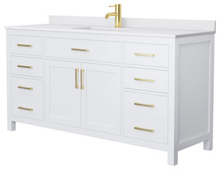 Beckett 66" White Single Vanity, White Cultured Marble Top, Gold Trim