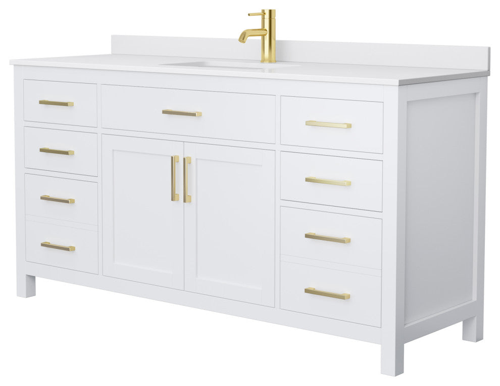 Beckett 66" White Single Vanity, White Cultured Marble Top, Gold Trim