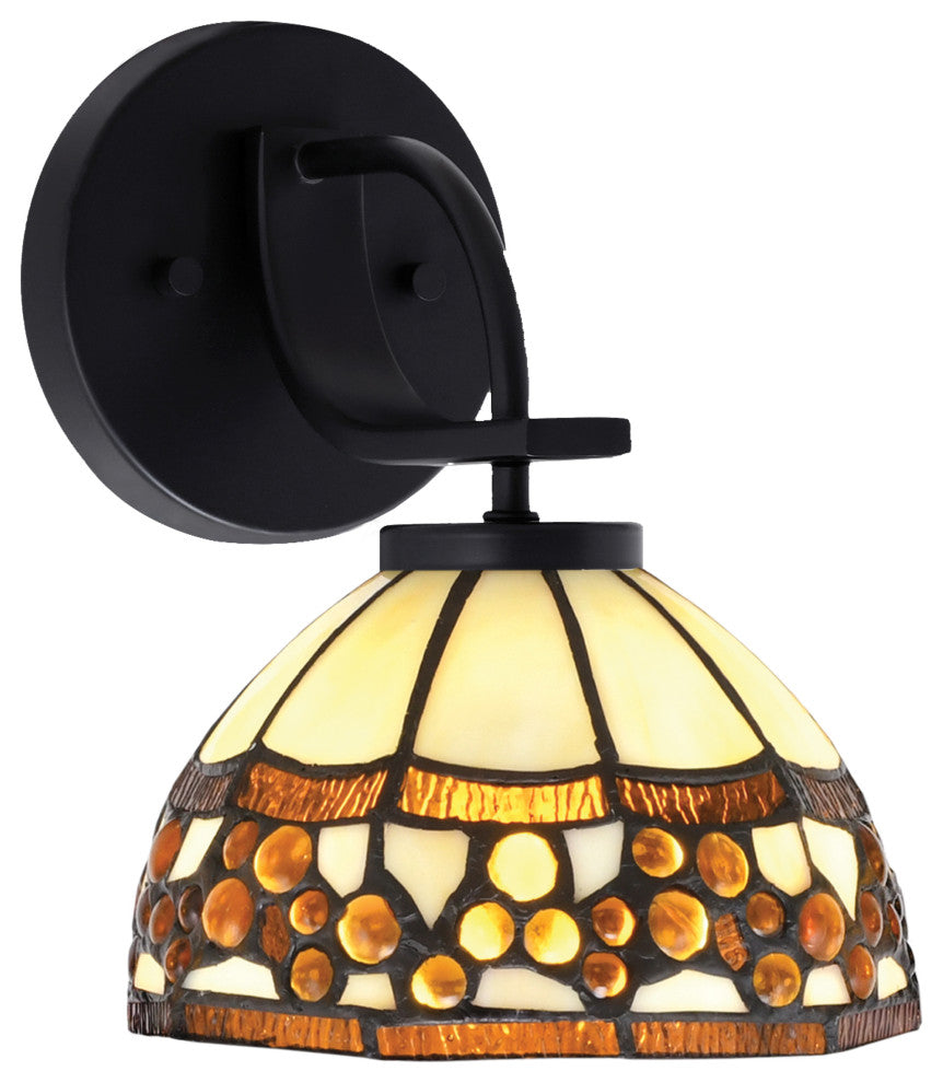 Cavella 1 Light Wall Sconce, Matte Black Finish, 7" Roman Jewel Art Glass