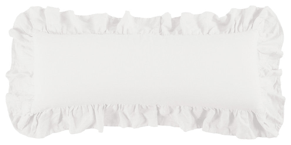 Washed Linen Ruffled Lumbar Pillow, 14" x 36", White, 1PC