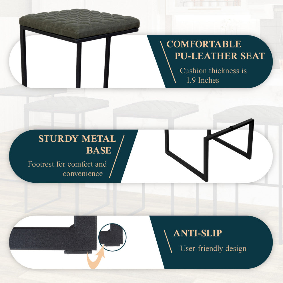 Quincy Square Barstool with Leather Seats and Metal Frame with Footrest, Gray