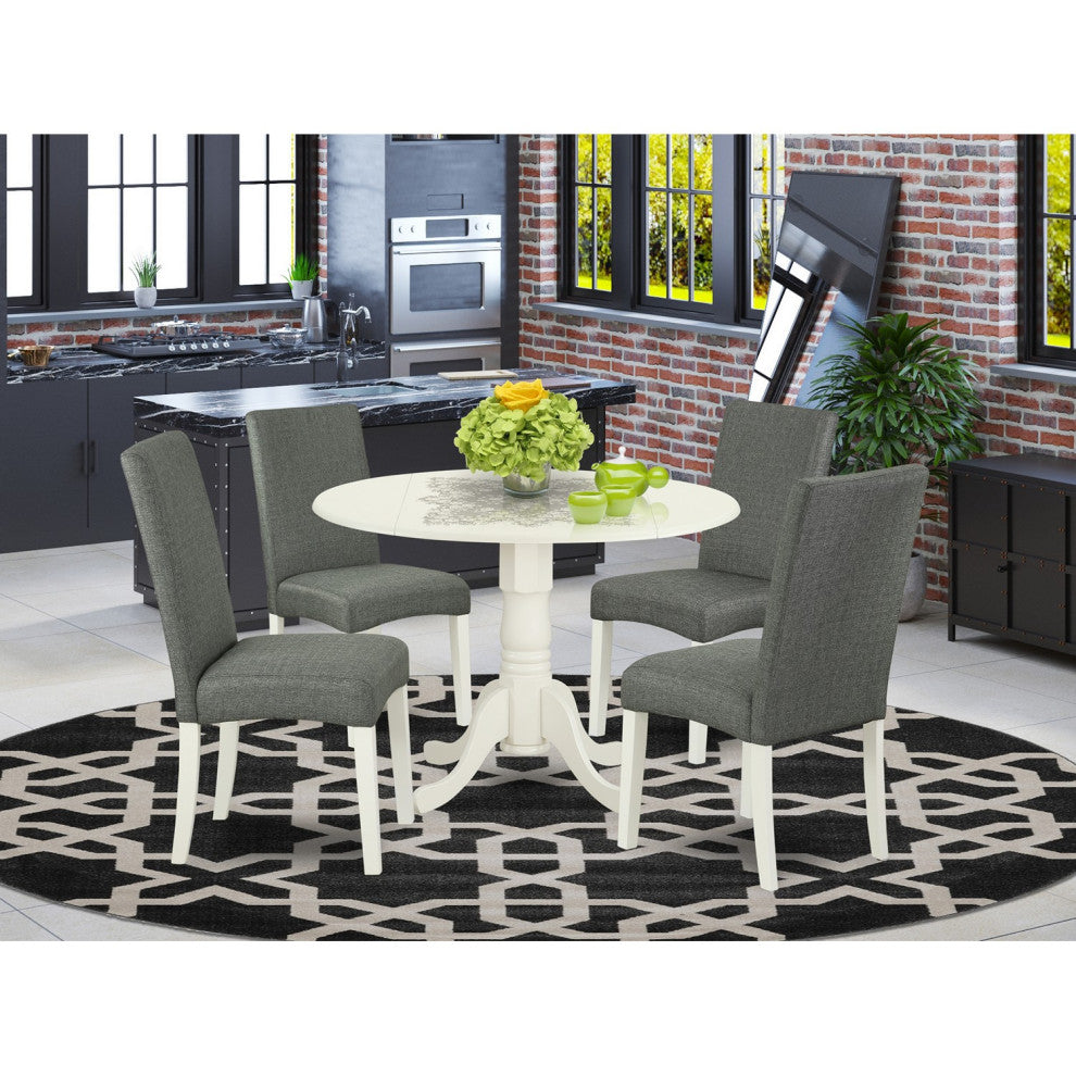 5Pc 42" Kitchen Table, Two 9"Drop Leaves, Four Chair, Linen White Leg, Gray