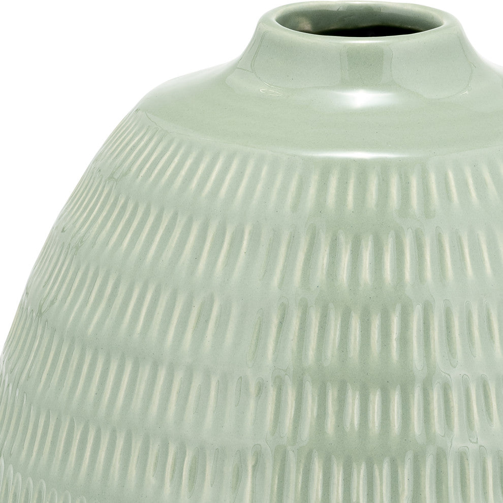 Ceramic 7", Stripe Oval Vase, Dark Sage