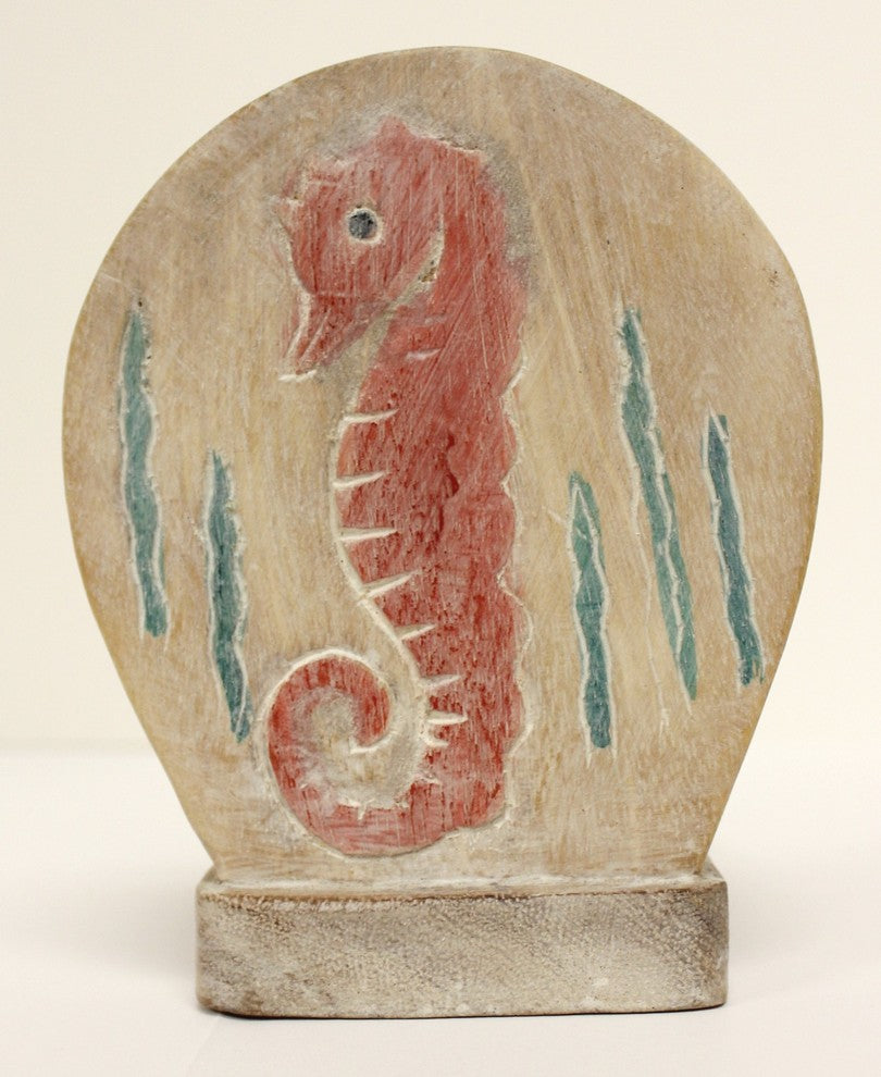 Coastal Coral Seahorse Door Stop Carved Wood Whitewashed