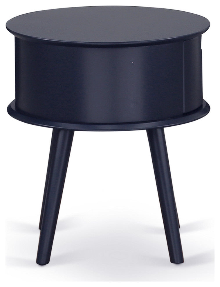 Gordon Round Night Stand End Table With Drawer, Navy Blue Finish