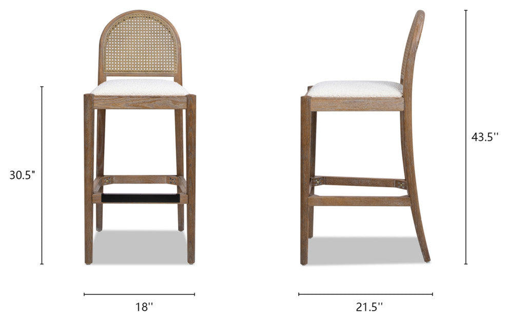 Panama Curved Back Cane Rattan Stool, Set of 2, Ivory White Boucle, 30" Bar Height