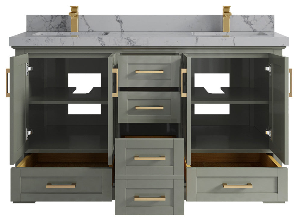 Boston 60 Double Bathroom Vanity in Evergreen 2" Venatino Quartz