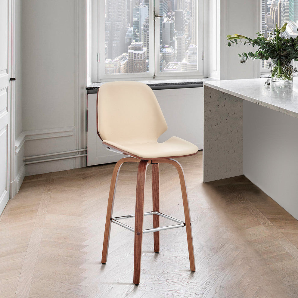 Arabela Faux Leather and Wood Swivel Bar Stool, Cream and Walnut