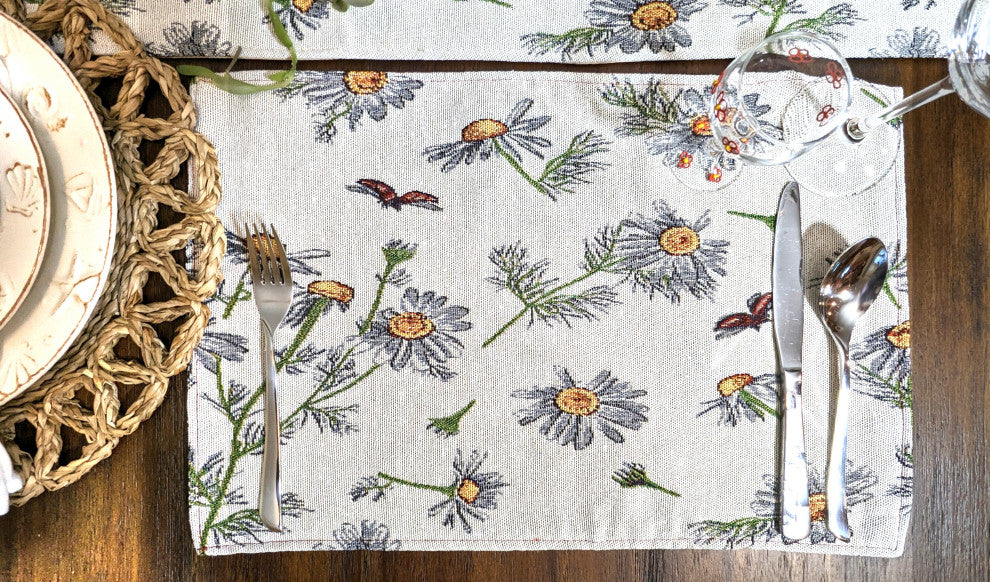 Seasonal Floral Woven Fabric Tapestry Kitchen Table Mats Cloth Placemats, Daisies