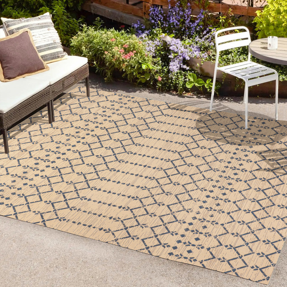 Ourika Moroccan Geometric Indoor/Outdoor Rug, Beige/Navy, 8x10