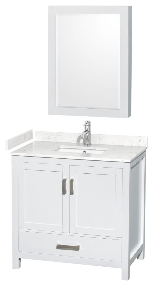 36"SGL Bathroom Vanity White, Carrara Cult. Marble Countertop, Sink, Med.Cabinet