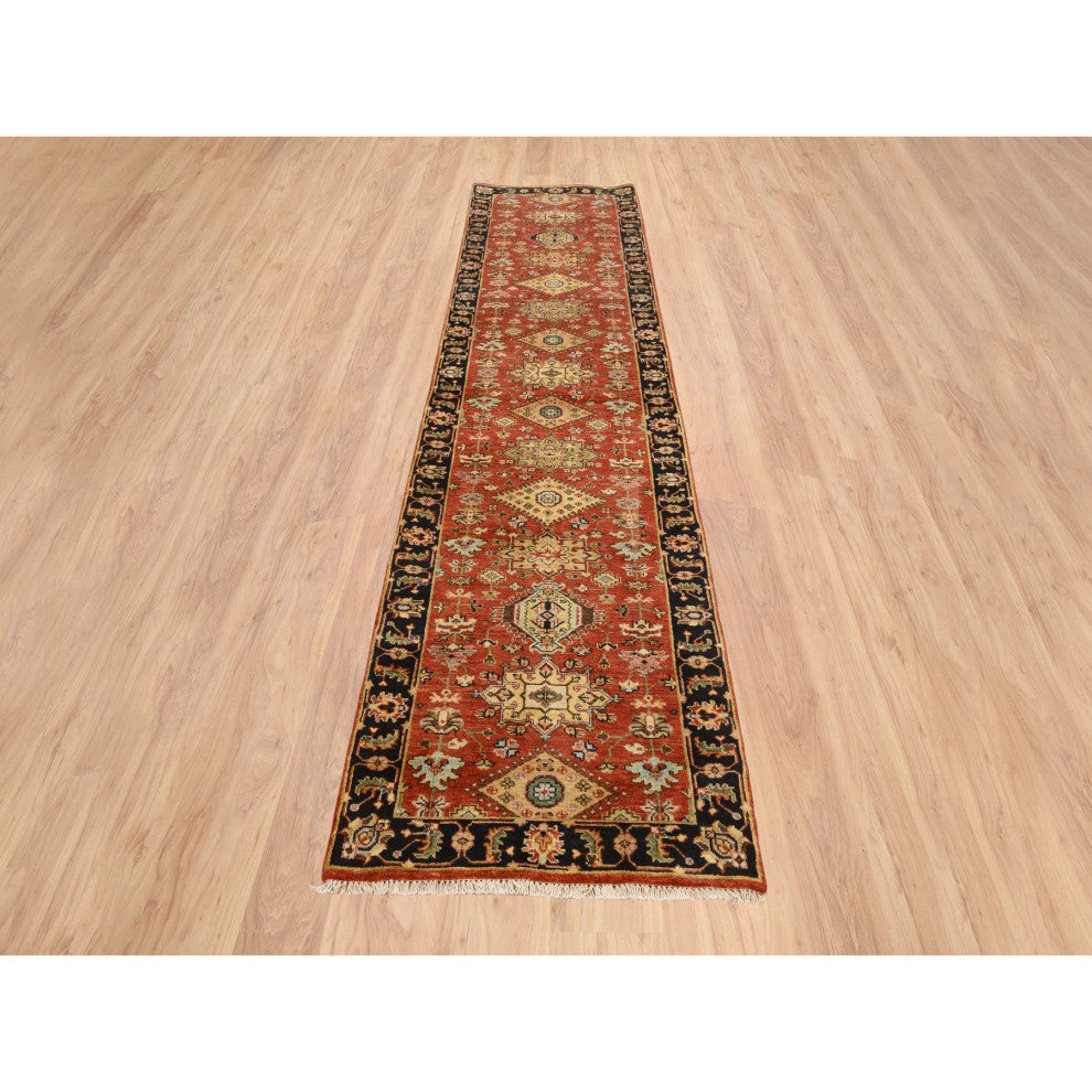 Red and Black, Hand Knotted Karajeh Design, Pure Wool Runner Rug, 2'9"x12'0"