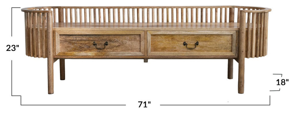 Mango Wood Slatted Bench With 2 Drawers and Metal Pulls, Natural and Brass