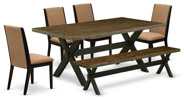 6-Piece Dinette Set Table Top and Jacobean Indoor Bench and 4 Chairs, Black