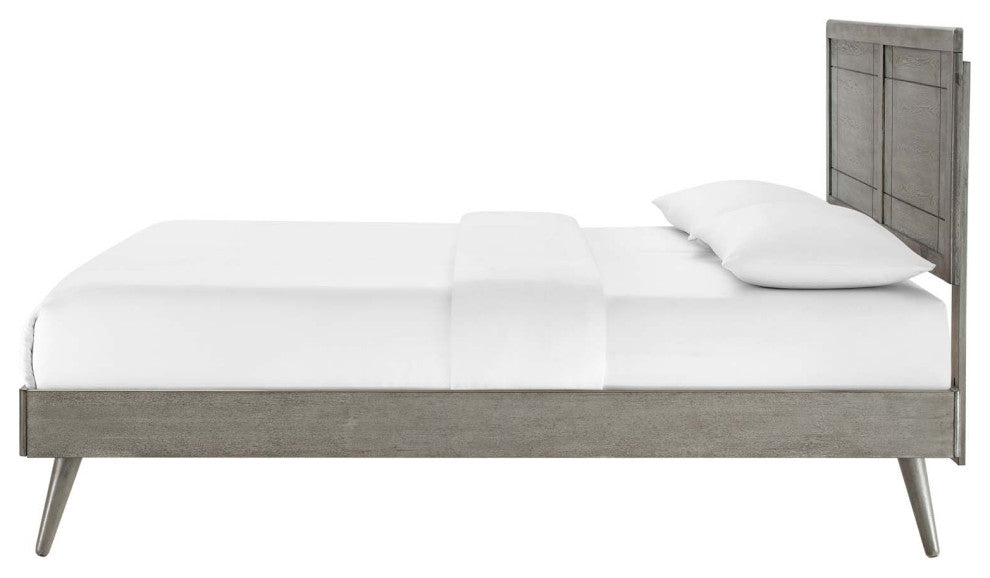 Platform Bed Frame, King Size, Wood, Gray, Modern Mid-Century, Bedroom