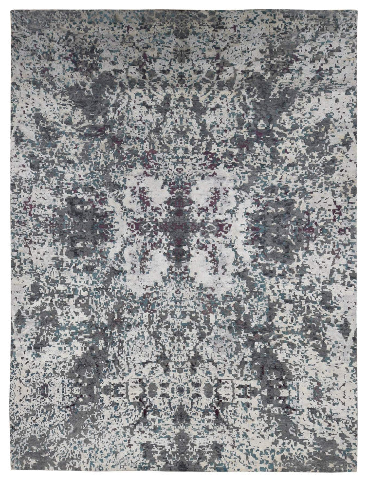 Carbon Gray Modern Abstract Design Hand Knotted Wool and Silk Rug 9'10"x13'7"