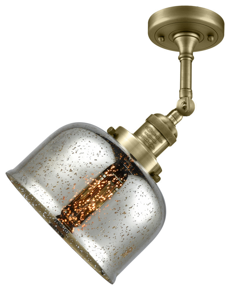 Large Bell 8" Semi-Flush Mount, Antique Brass, Glass: Silver Mercury