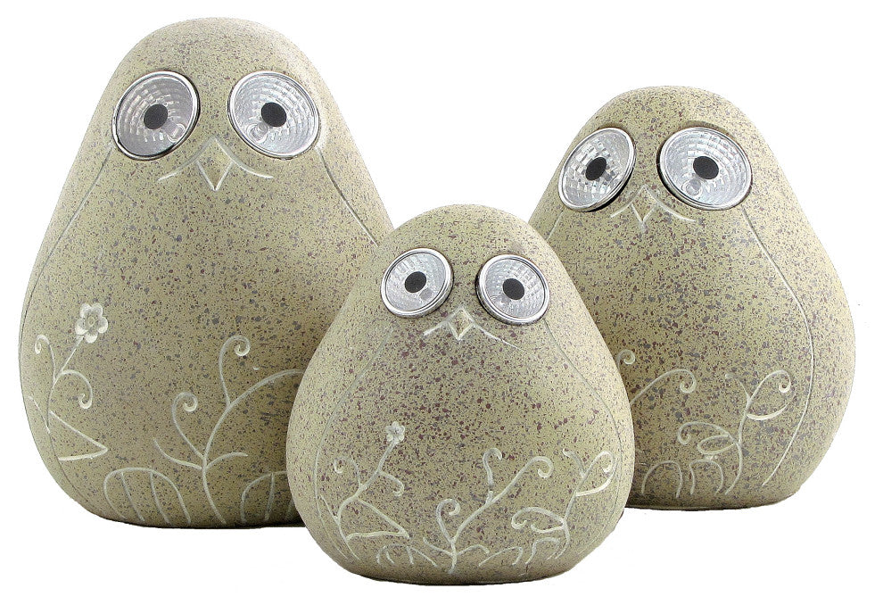 Set of 3 Solar Rock Birds With Floral Etching, Antique Beige
