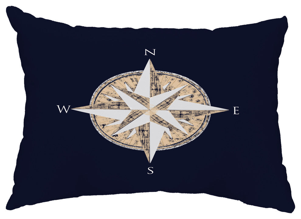 Compass 14"x20" Decorative Nautical Outdoor Pillow, Navy Blue