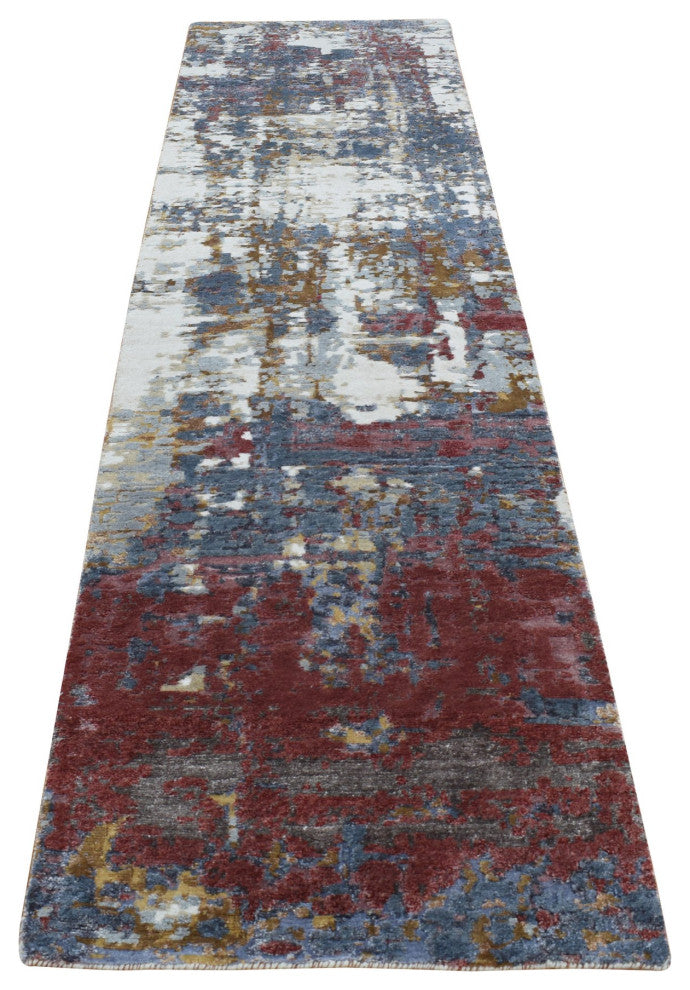 Thunder Gray Modern Abstract Wool and Silk Hand Knotted Runner Rug, 2'6"x10'