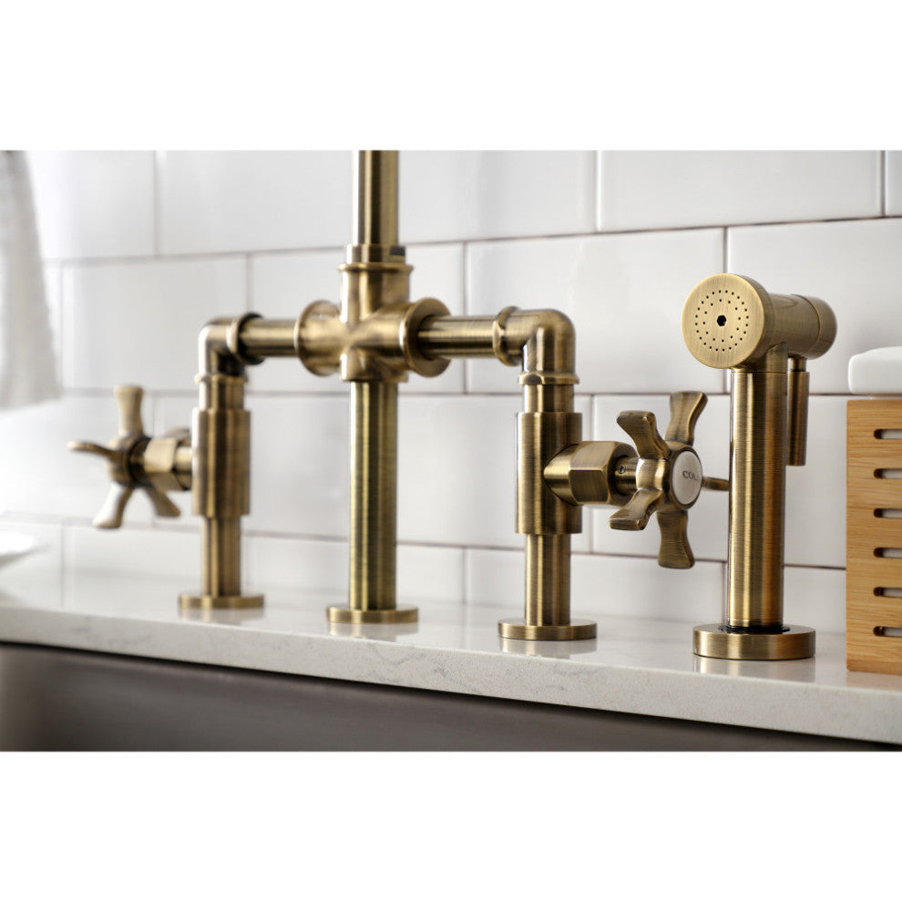 KS2333NX Bridge Kitchen Faucet With Brass Sprayer, Antique Brass