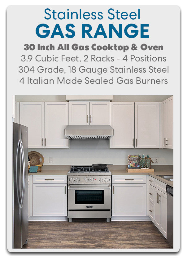 30" Gas Range 4 Piece Stainless Steel Package Range Hood Dishwasher Refrigerator