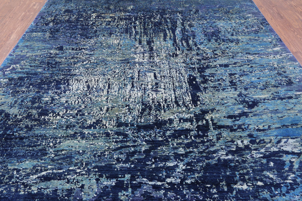 8' 2" X 9' 10" Abstract Wool and Silk Hand Knotted Rug Q4428