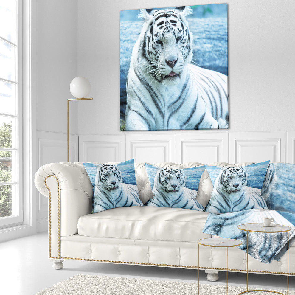 Silver Tiger With Water Background African Throw Pillow, 18"x18"