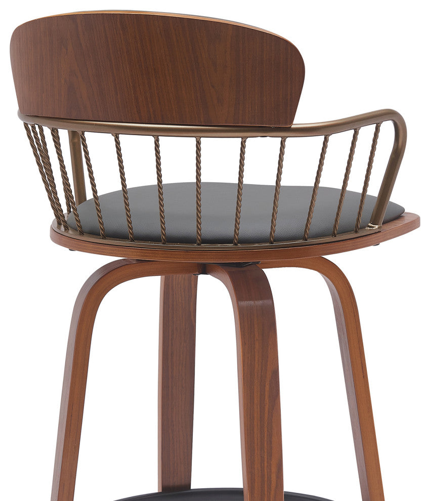 Willow 25.5" Swivel Walnut Wood Counter Stool Gray Faux Leather and Bronze Metal, 30
