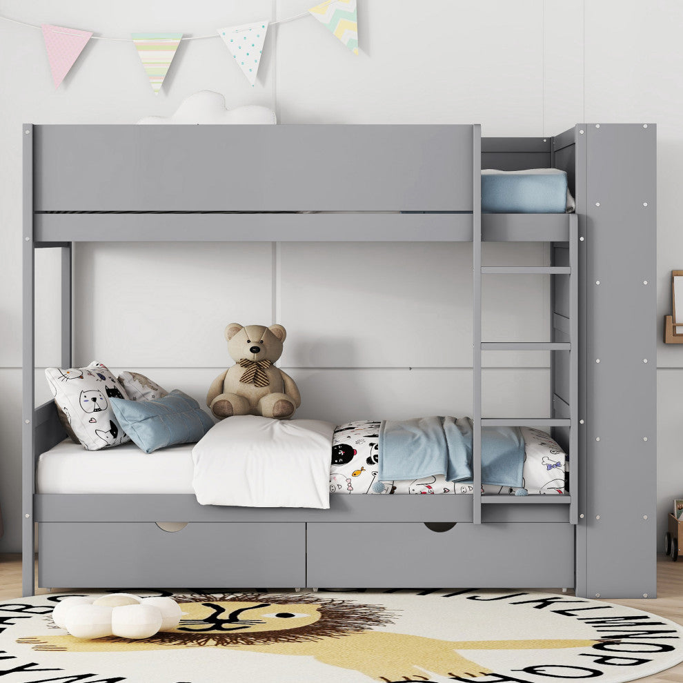 Gewnee Twin over Twin Bunk Bed With 2 Drawers and Multi-layer Cabinet