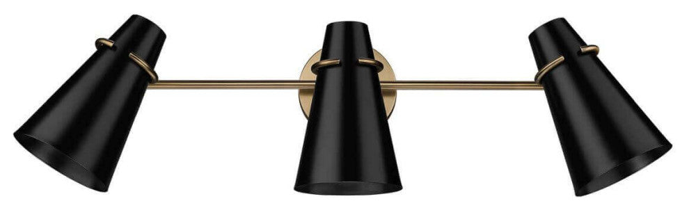 3 Light 26" Bath Vanity Light, Modern Brass With Matte Black Shade