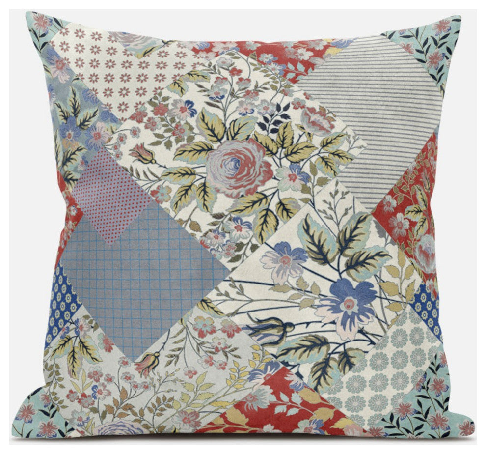 20" Red Gold Floral Zippered Suede Throw Pillow